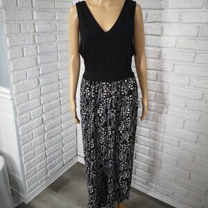 Cleo Ladies Size XL Black Tan & Grey Pattern Sleeveless Loose Leg Jumpsuit